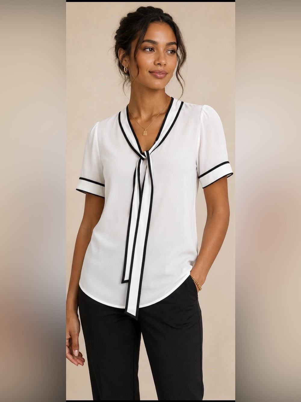New York & Company White Blouse with Black Trim Tie-Neck